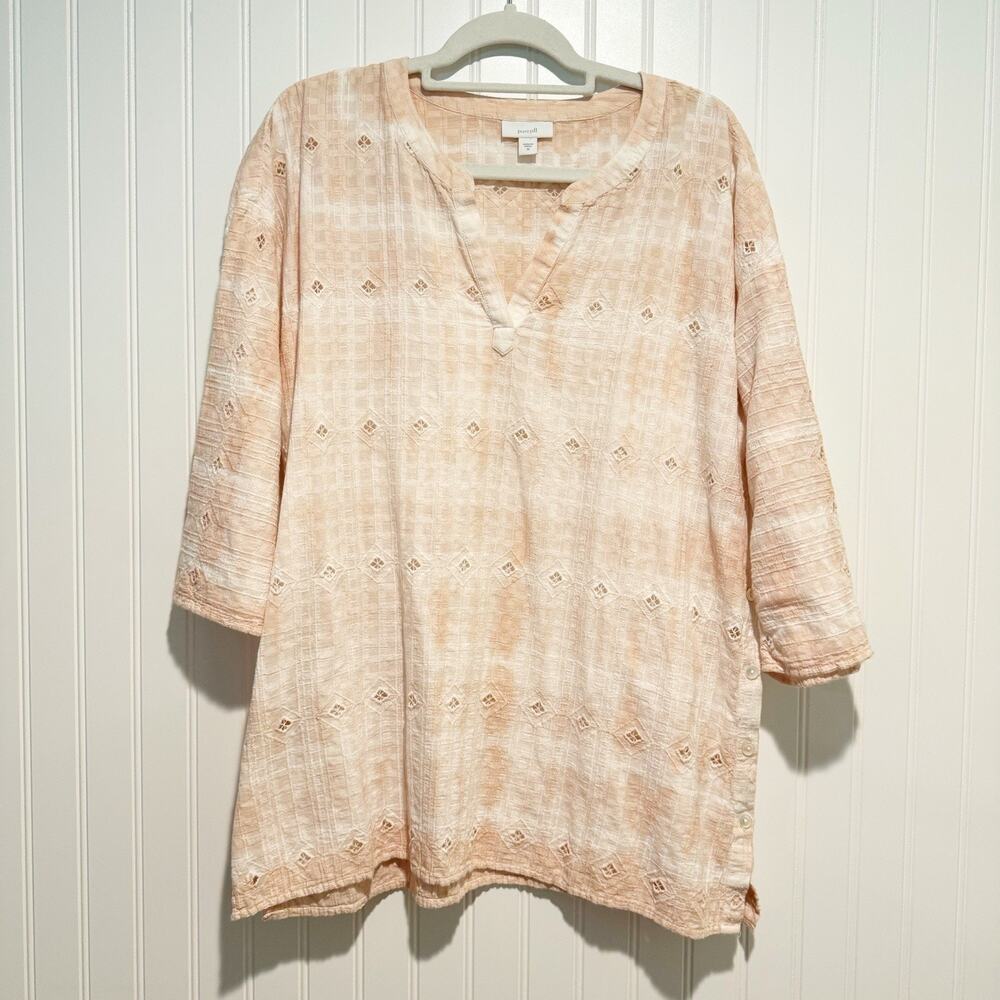 J Jill Pure Jill Schiffli Eyelet Cotton Tunic Top Peach White Size Medium - Picture 2 of 7